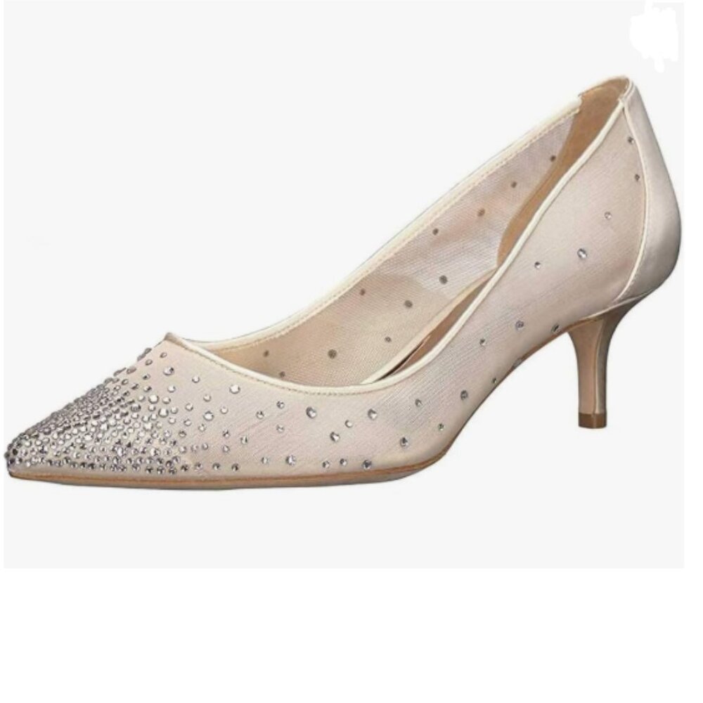 XYD Beige Low Heels Pumps Sheer Mesh Crystal Studs Pointed Toe Sexy Shoes
